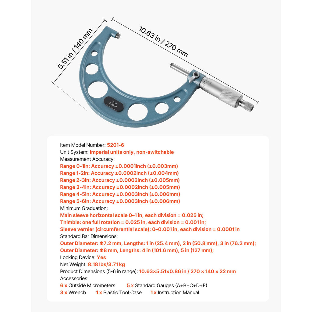VEVOR Six-Piece Mechanical Outside Micrometer Set
