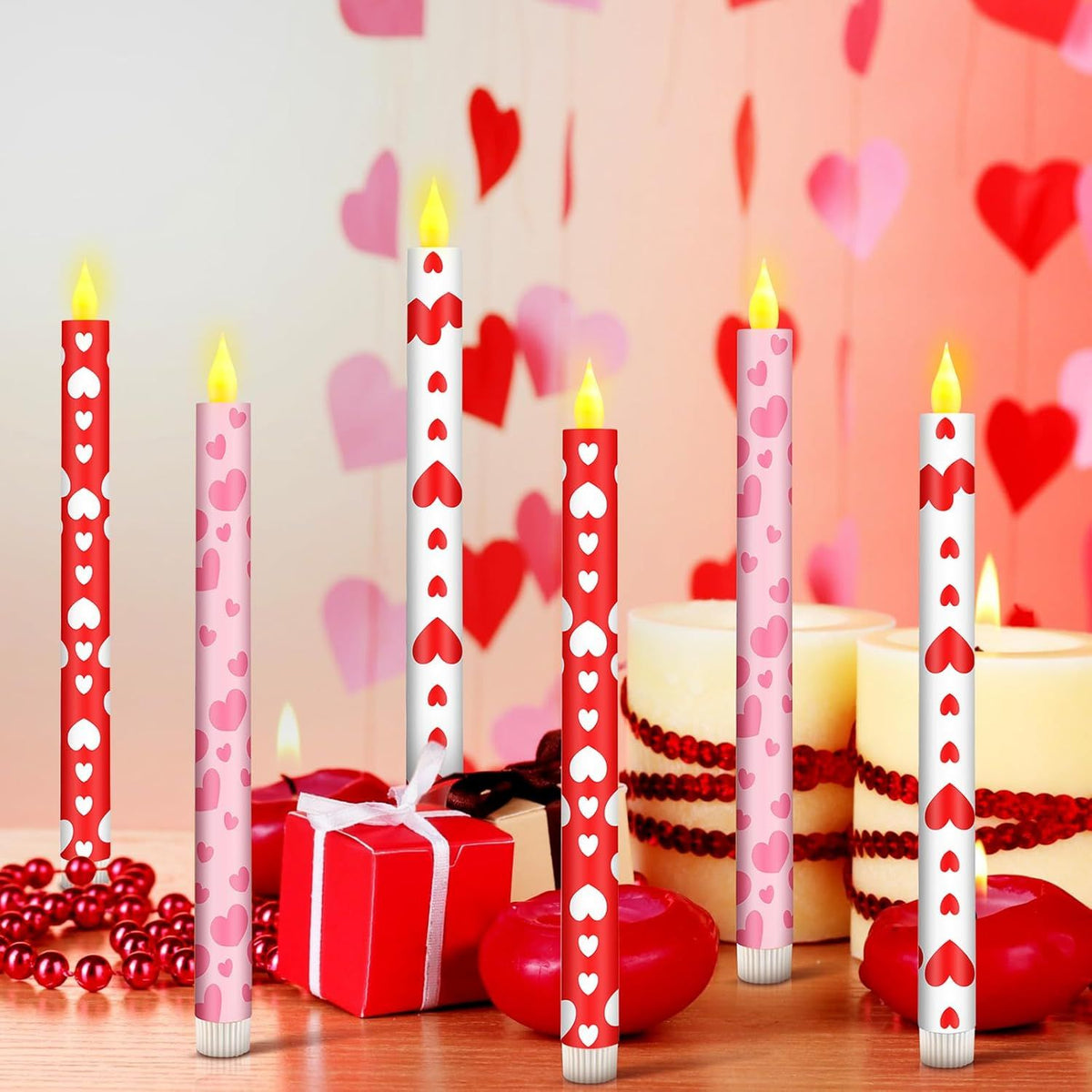 6 Pcs Valentine Day Flameless Taper Candles 10.6 Heart Shaped Candles Battery