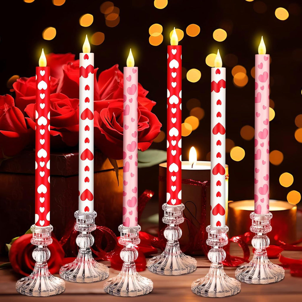 6 Pcs Valentine Day Flameless Taper Candles 10.6 Heart Shaped Candles Battery