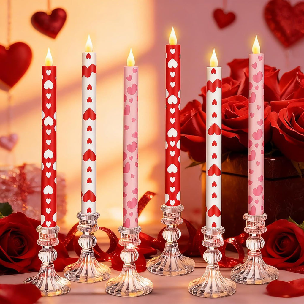 6 Pcs Valentine Day Flameless Taper Candles 10.6 Heart Shaped Candles Battery