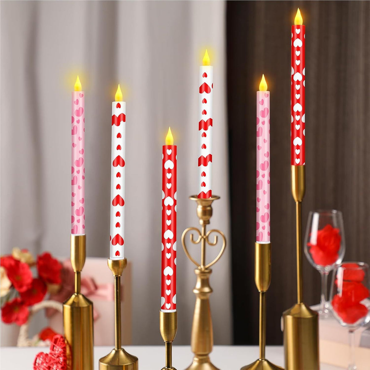 6 Pcs Valentine Day Flameless Taper Candles 10.6 Heart Shaped Candles Battery