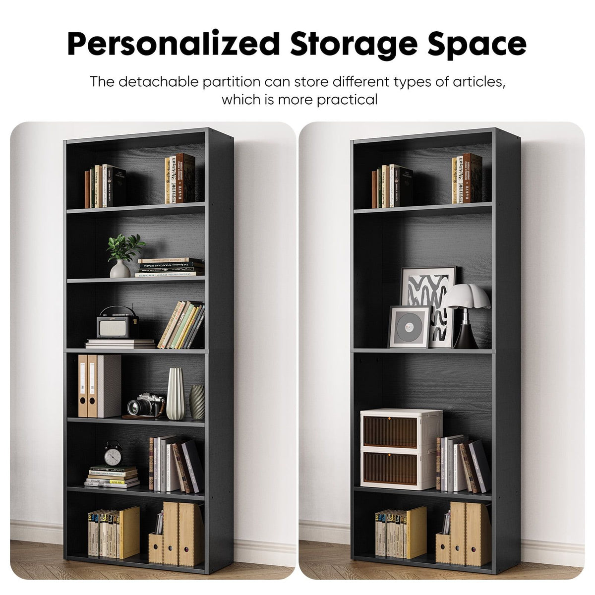 6-Tier Bookshelf with Adjustable Shelves, Floor Standing Bookcase for Home & Office