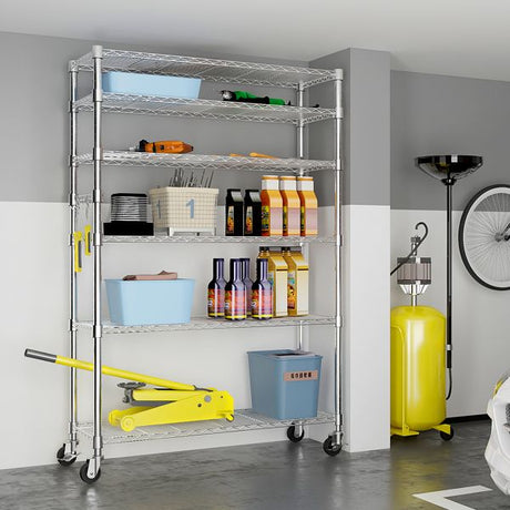 6-Tier Steel Wire Shelving with Wheels – Easy Tool-Free Assembly
