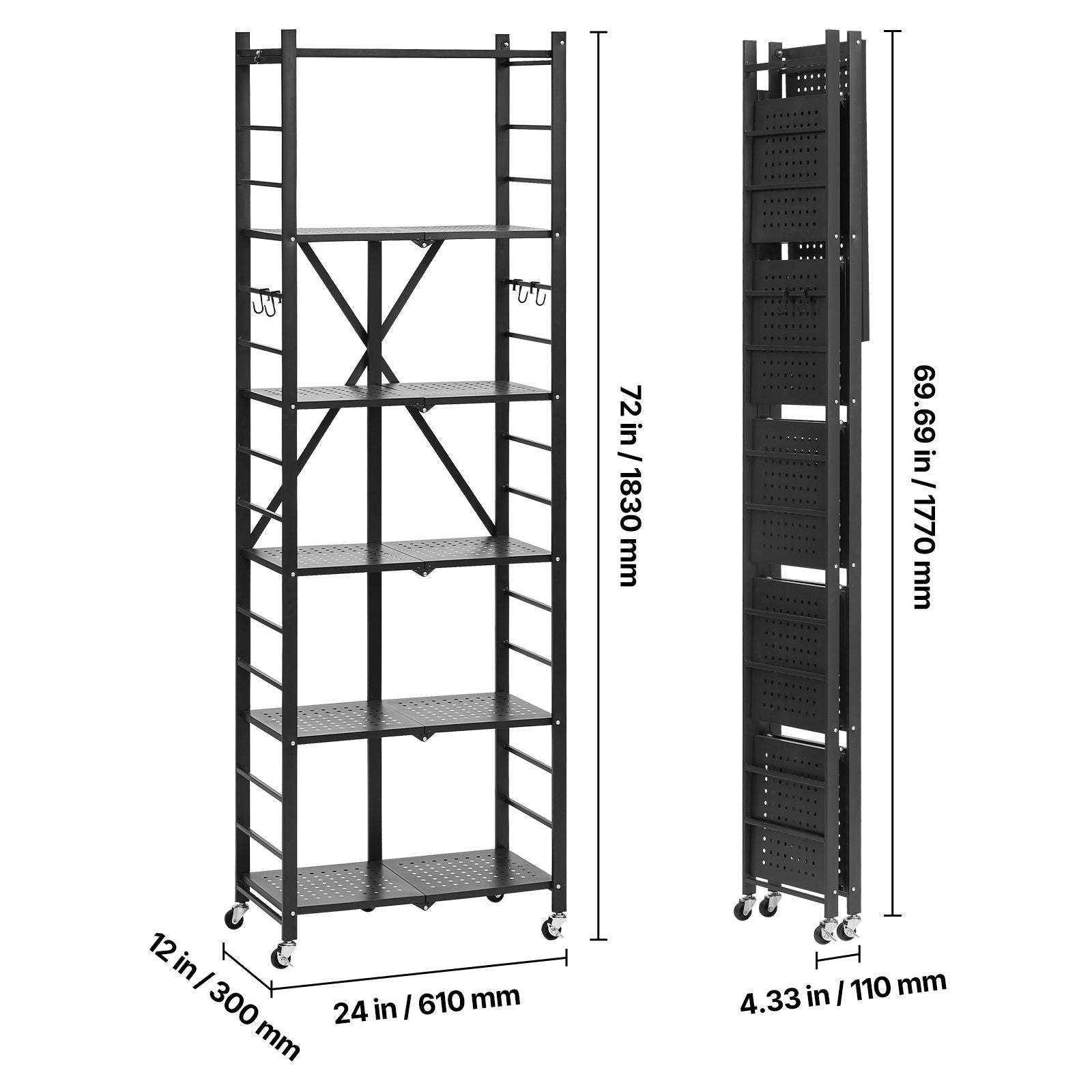 6-Tier Foldable Storage Shelf with Wheels & Hooks – No Assembly Needed