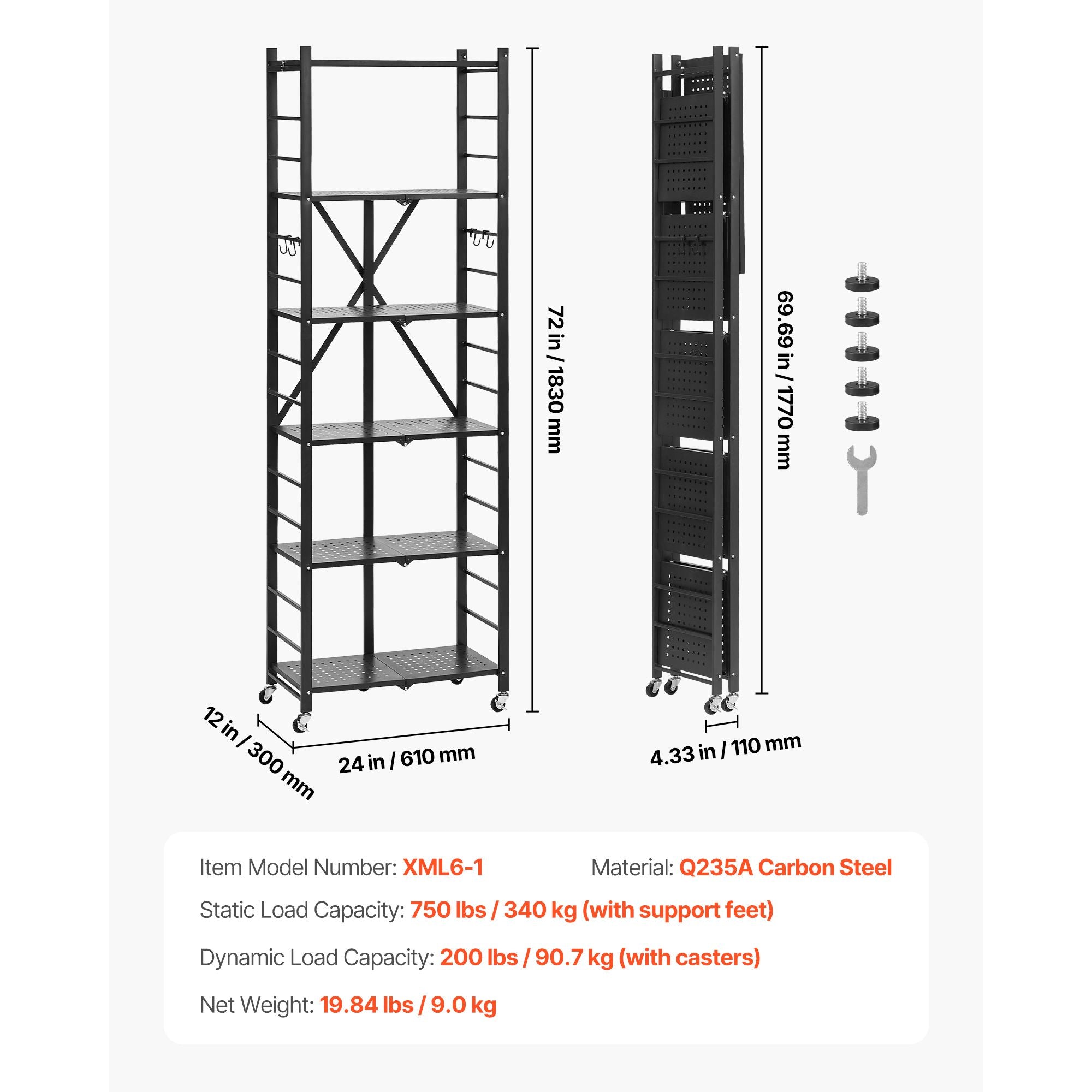 6-Tier Foldable Storage Shelf with Wheels & Hooks – No Assembly Needed
