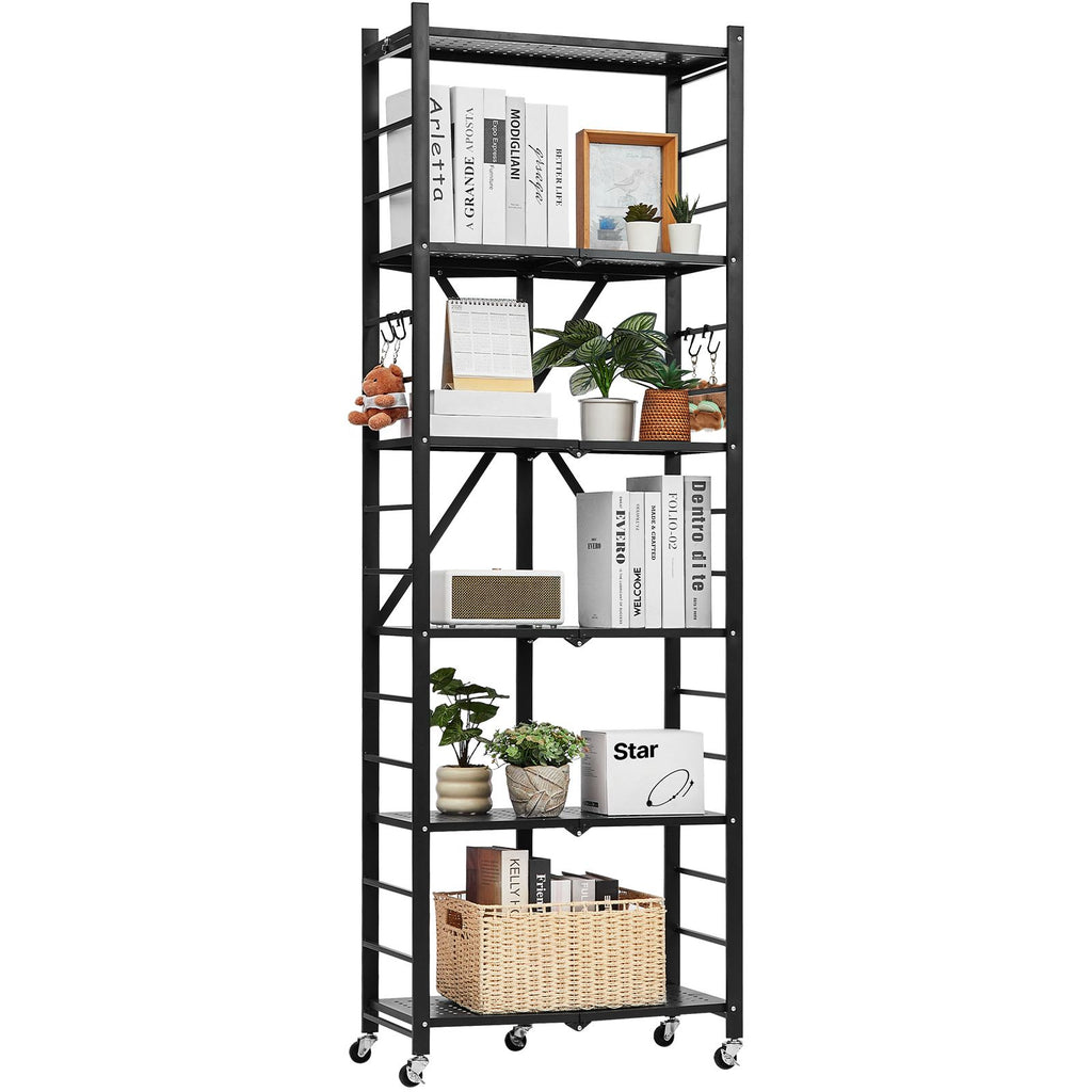 6-Tier Foldable Storage Shelf with Wheels & Hooks – No Assembly Needed