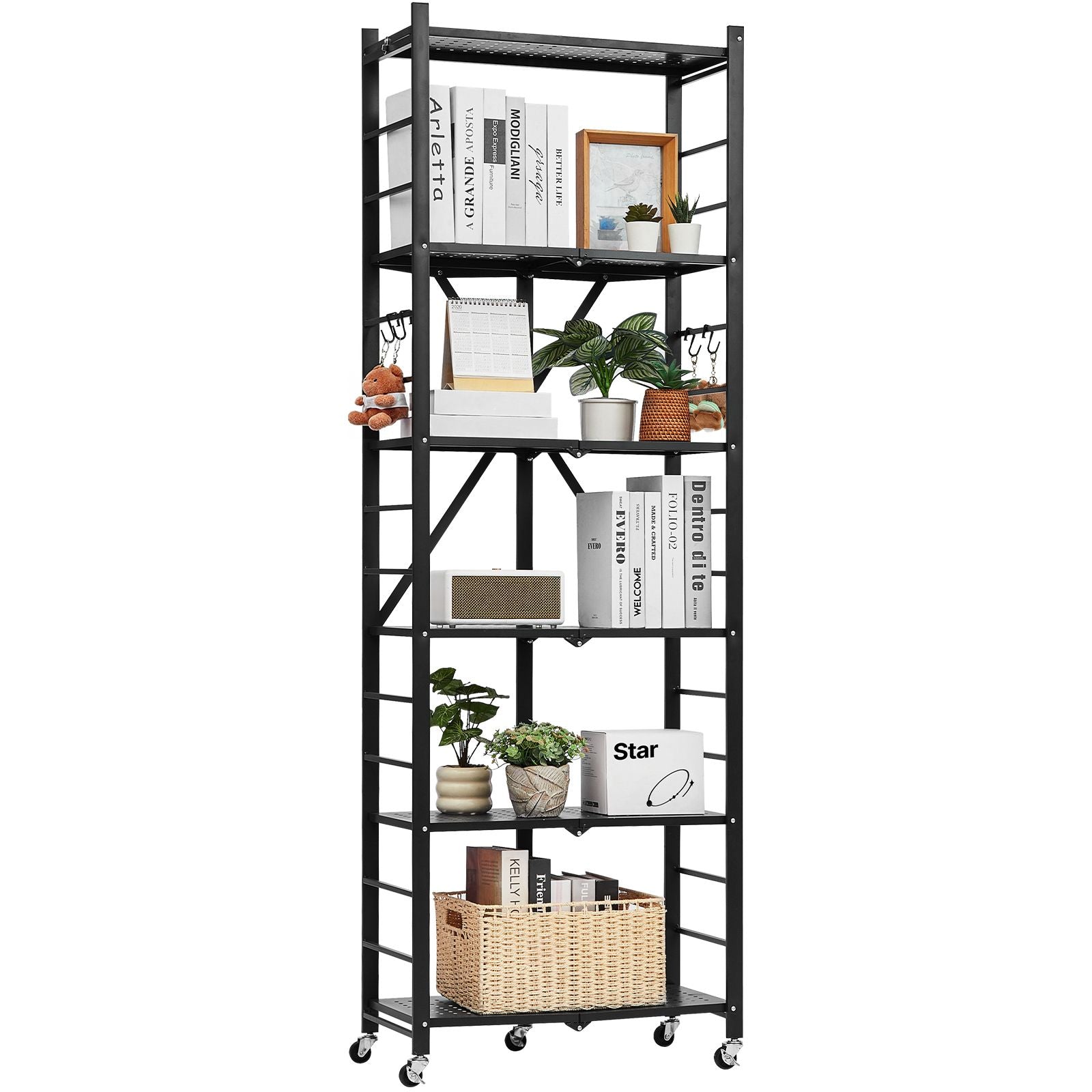 6-Tier Foldable Storage Shelf with Wheels & Hooks – No Assembly Needed