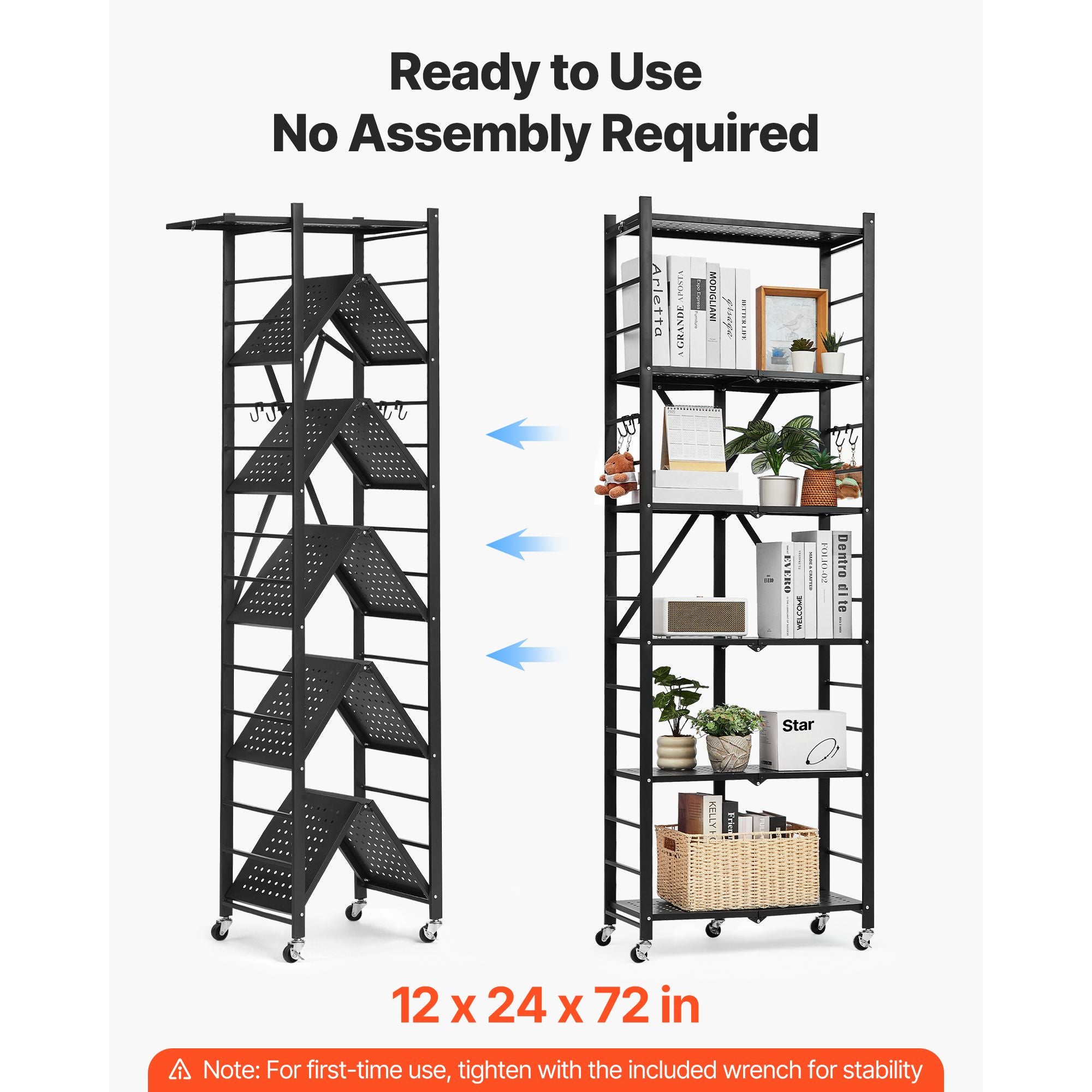 6-Tier Foldable Storage Shelf with Wheels & Hooks – No Assembly Needed