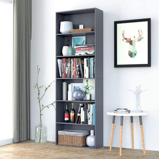 Six-Tier Gray Bookcase with Open Compartments