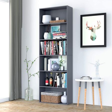 Six-Tier Gray Bookcase with Open Compartments