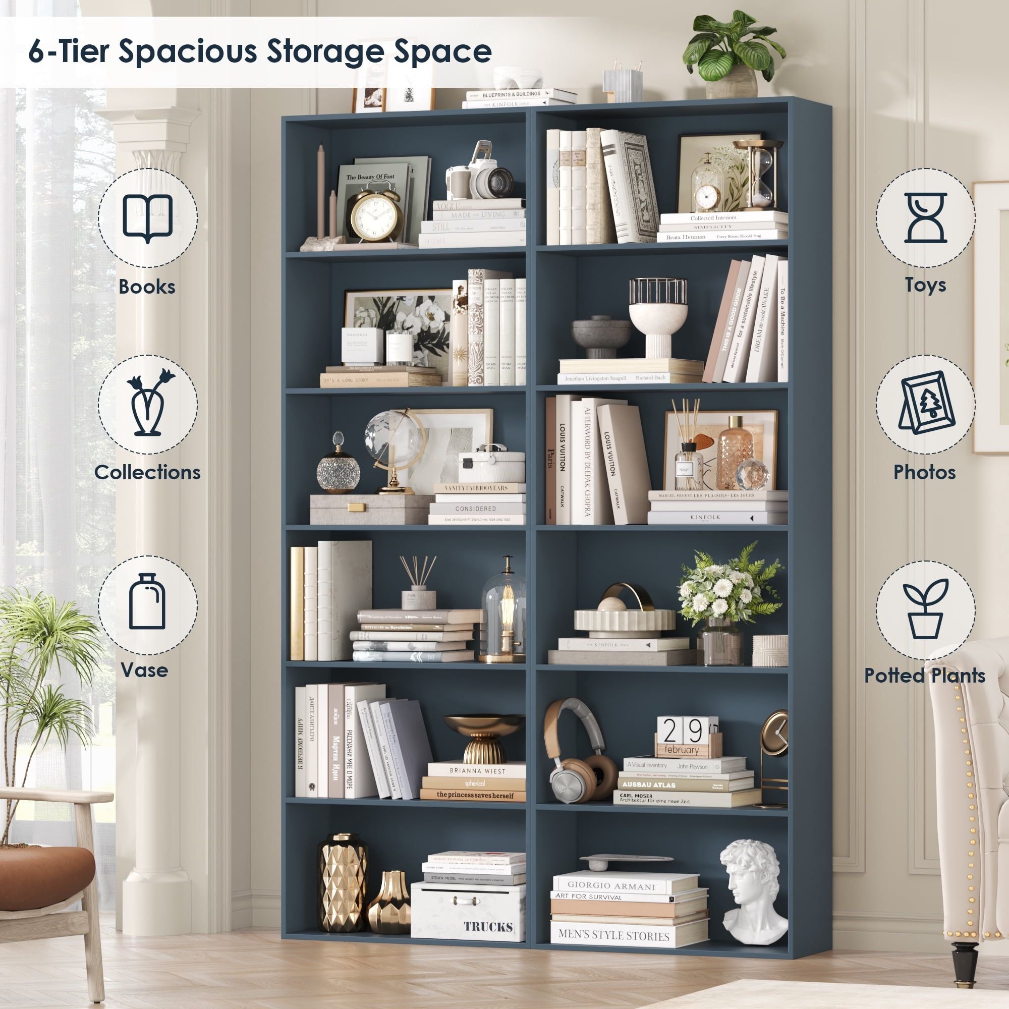 Tall 6-Tier Bookshelf for Living Room, Bedroom, or Office