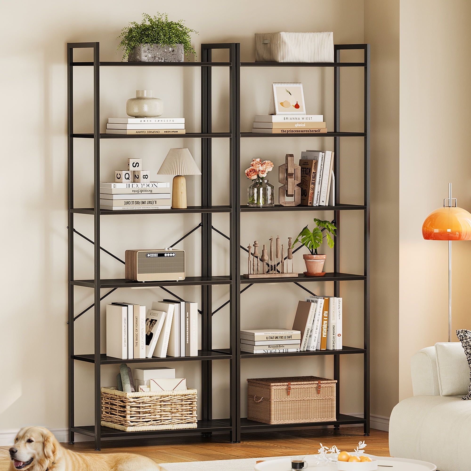 6-Tier Tall Bookshelf, Large Bookcase with Steel Frame, Deep Book Shelf for Living Room
