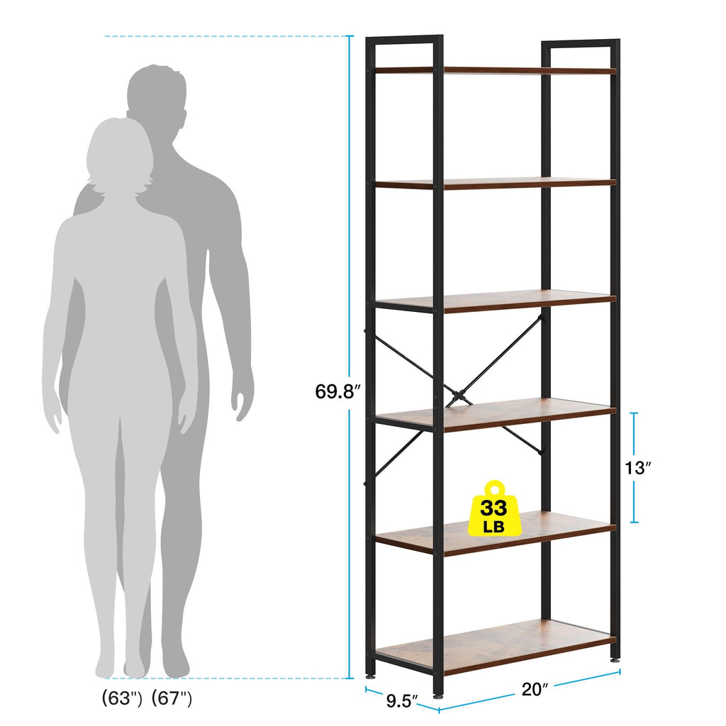 6-Tier Tall Bookshelf, Large Bookcase with Steel Frame, Deep Book Shelf for Living Room