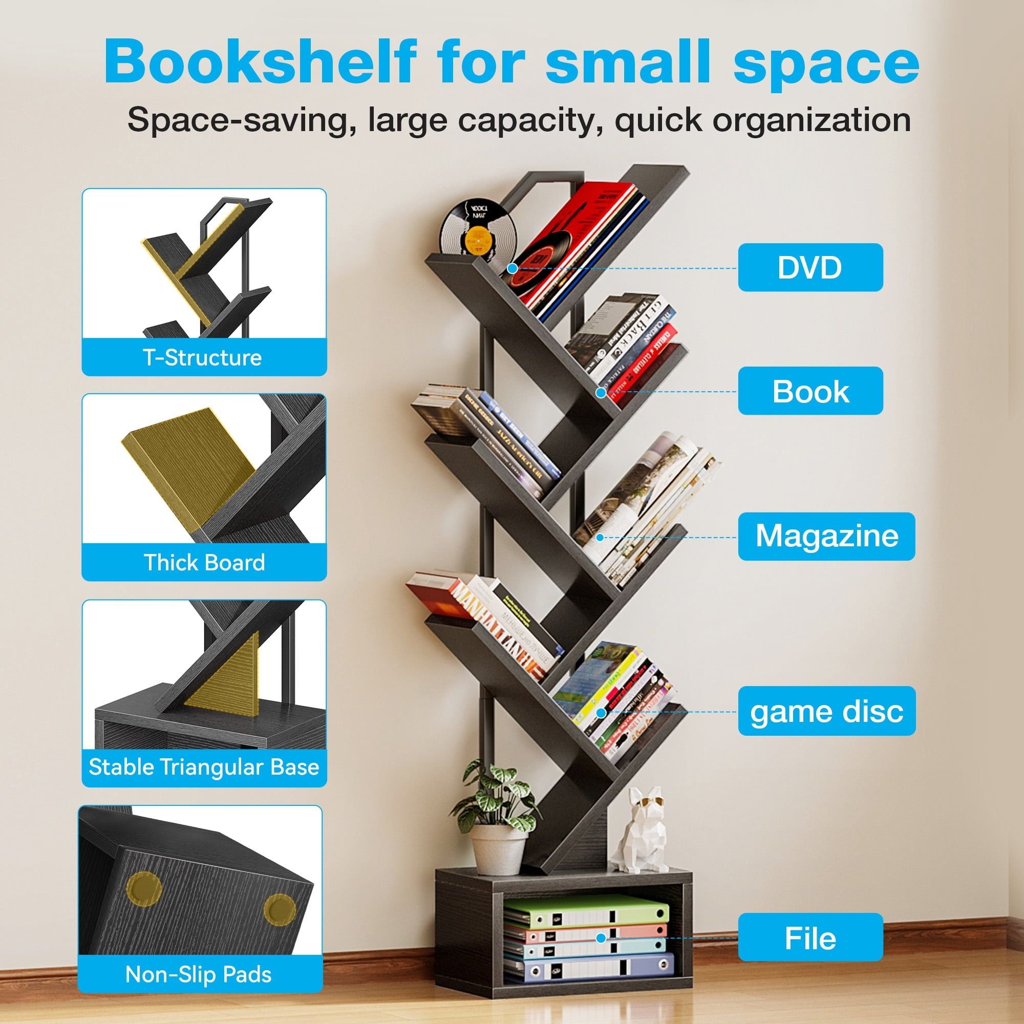 6-Tier Tree Bookshelf: Space-Saving Storage for Small Rooms and Corners