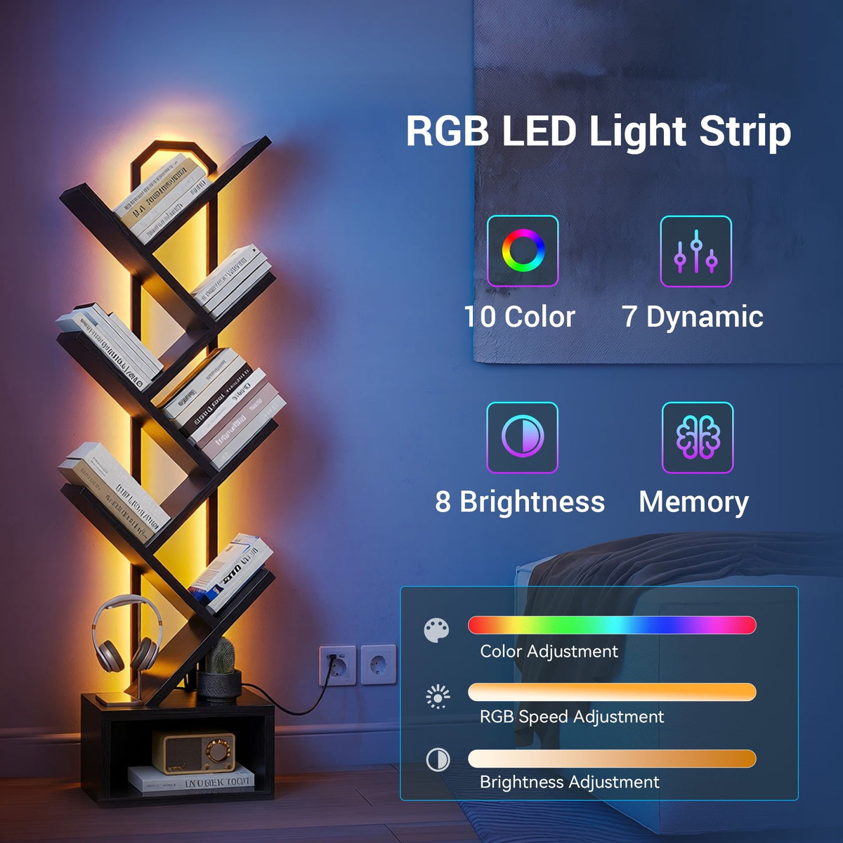 6-Tier Tree Bookshelf with LED Lights – Modern Corner Display Shelf