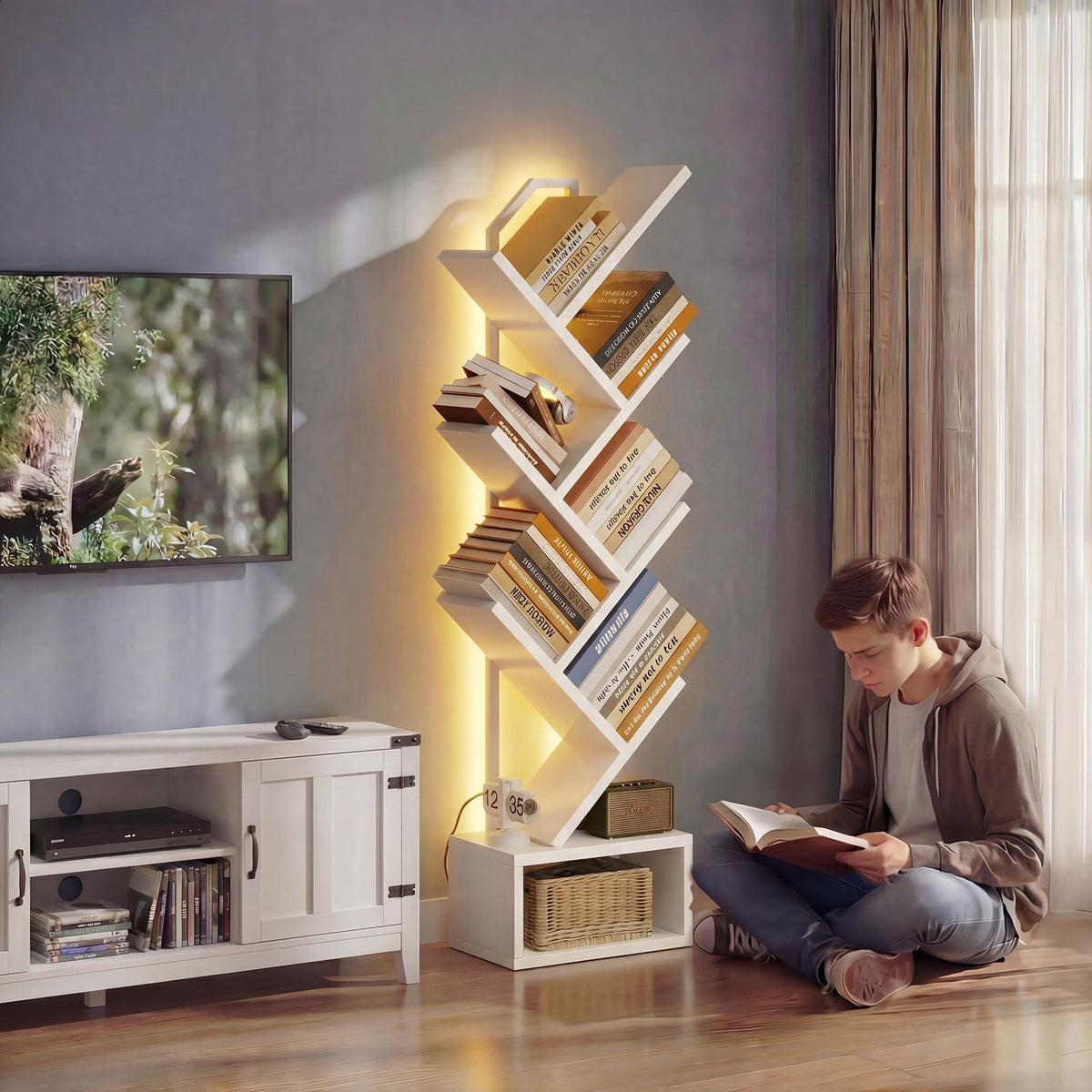 6-Tier Tree Bookshelf with LED Light - Modern Corner Display Shelf