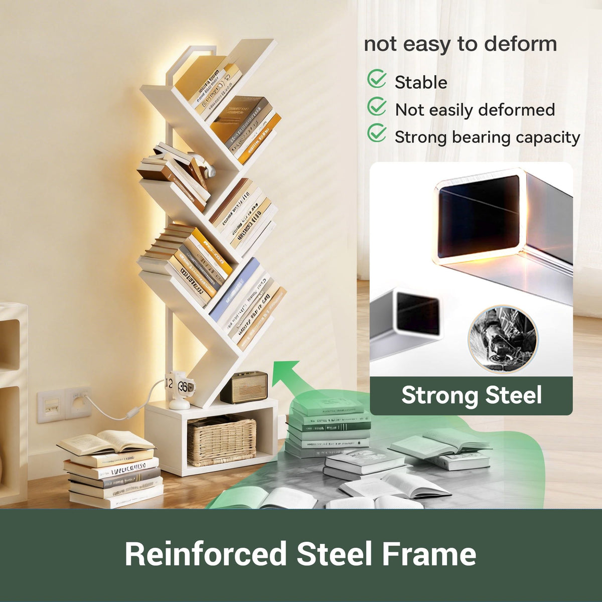 6-Tier Tree Bookshelf with LED Light - Modern Corner Display Shelf