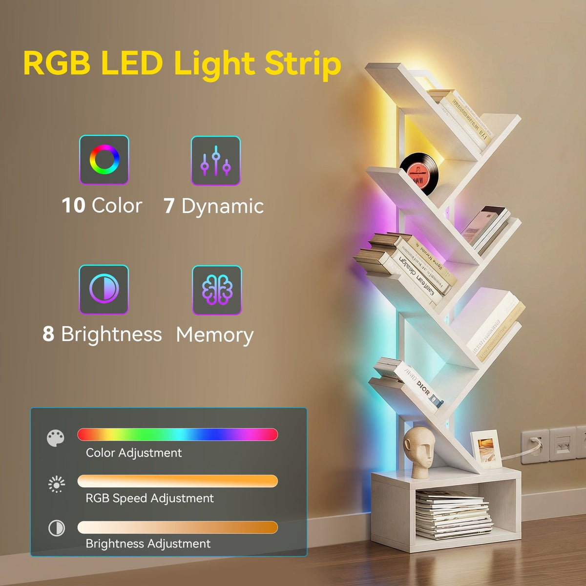 6-Tier Tree Bookshelf with LED Light - Modern Corner Display Shelf