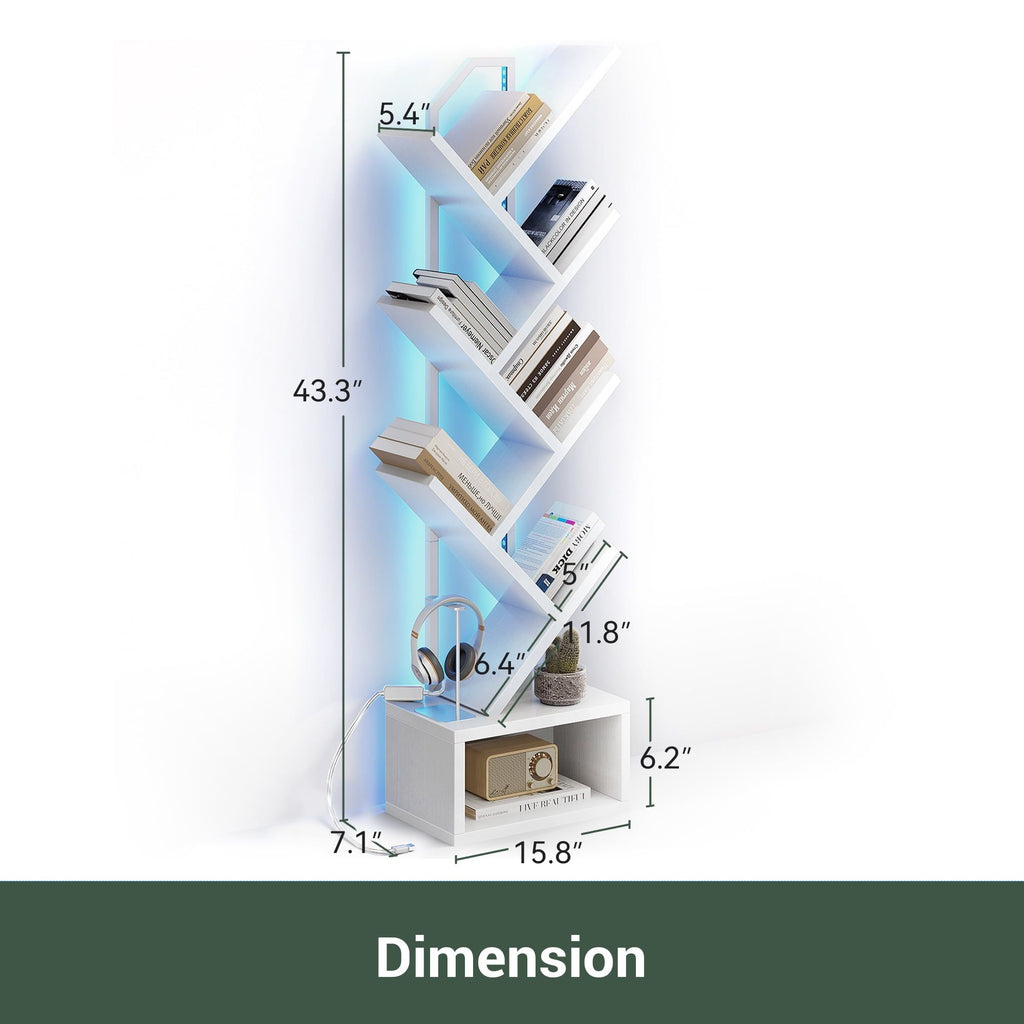 6-Tier Tree Bookshelf with LED Light - Modern Corner Display Shelf