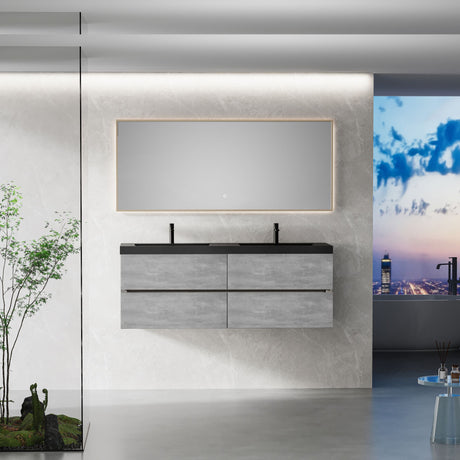 Cement Gray Floating Double Vanity with Matte Black Basins