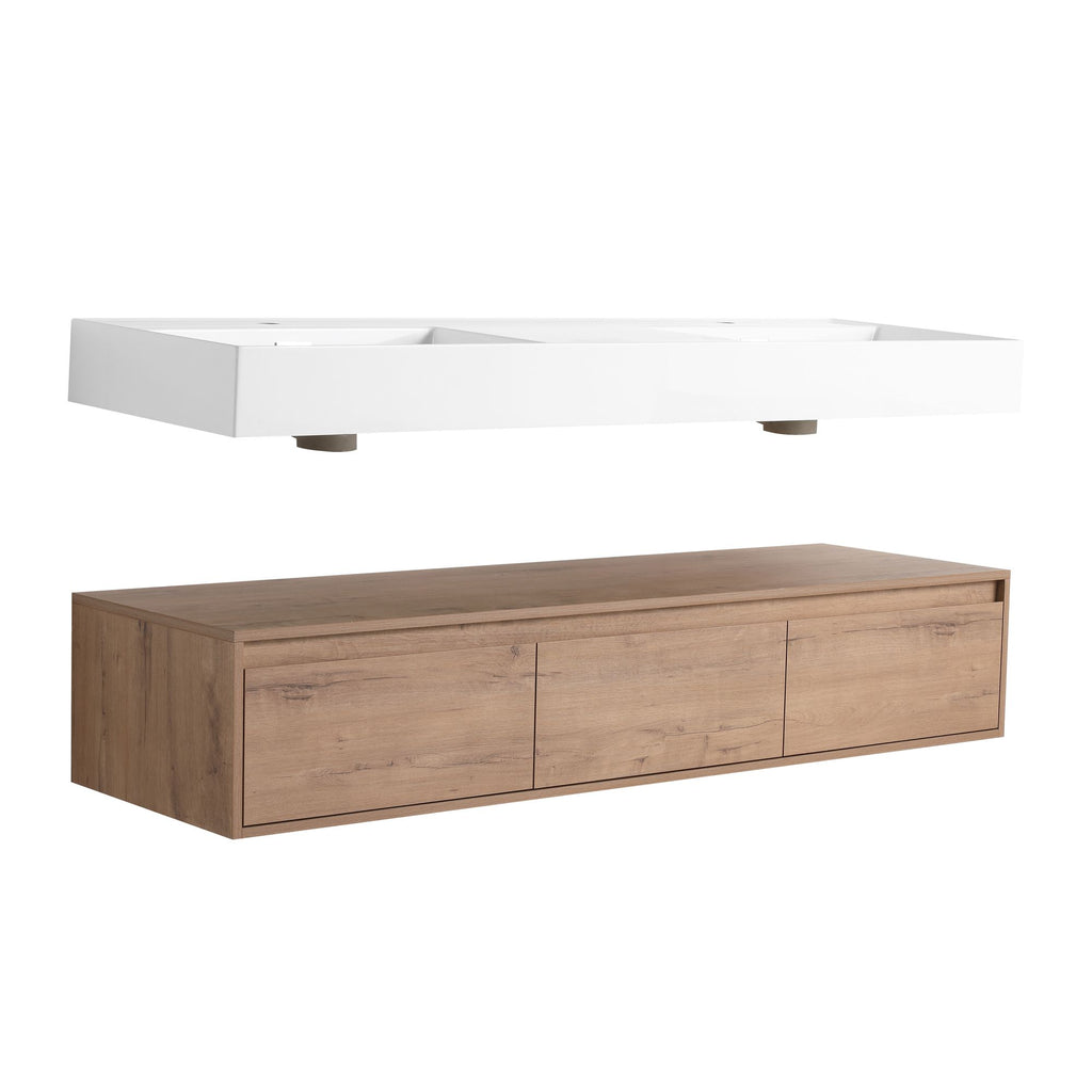 60- Wall-Mounted Bathroom Vanity with Double Resin Sink and Soft-Close Drawer