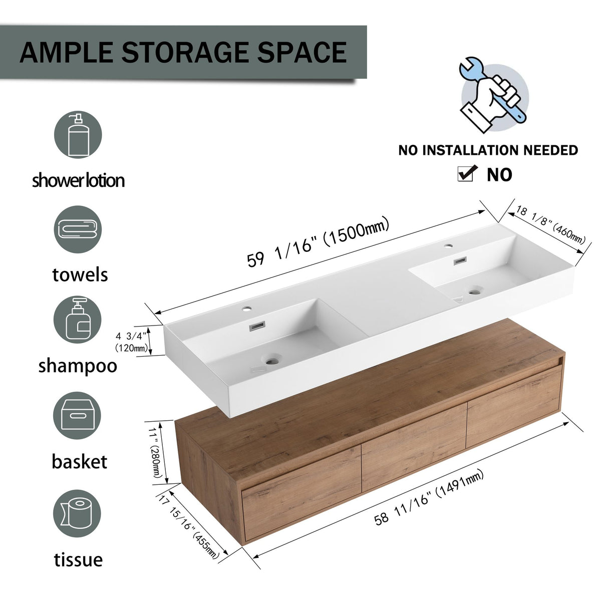 60- Wall-Mounted Bathroom Vanity with Double Resin Sink and Soft-Close Drawer