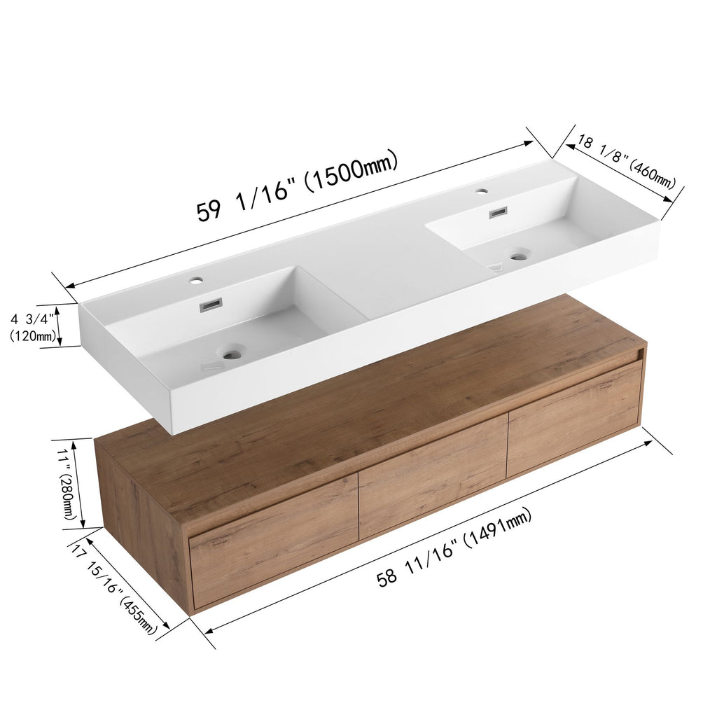 60- Wall-Mounted Bathroom Vanity with Double Resin Sink and Soft-Close Drawer