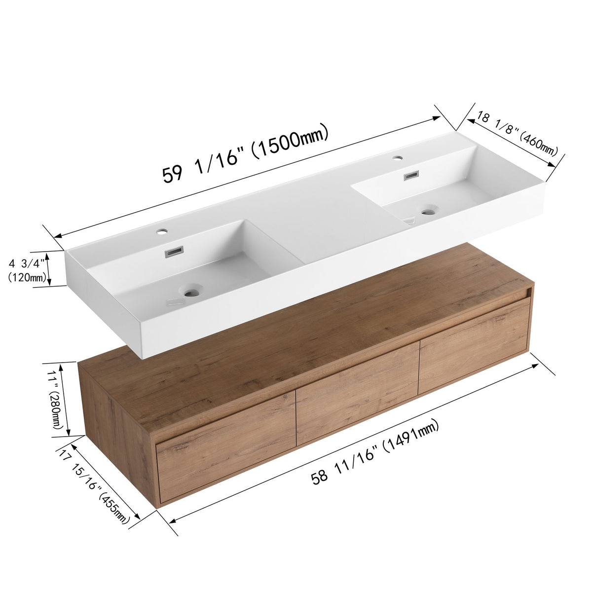 60- Wall-Mounted Bathroom Vanity with Double Resin Sink and Soft-Close Drawer