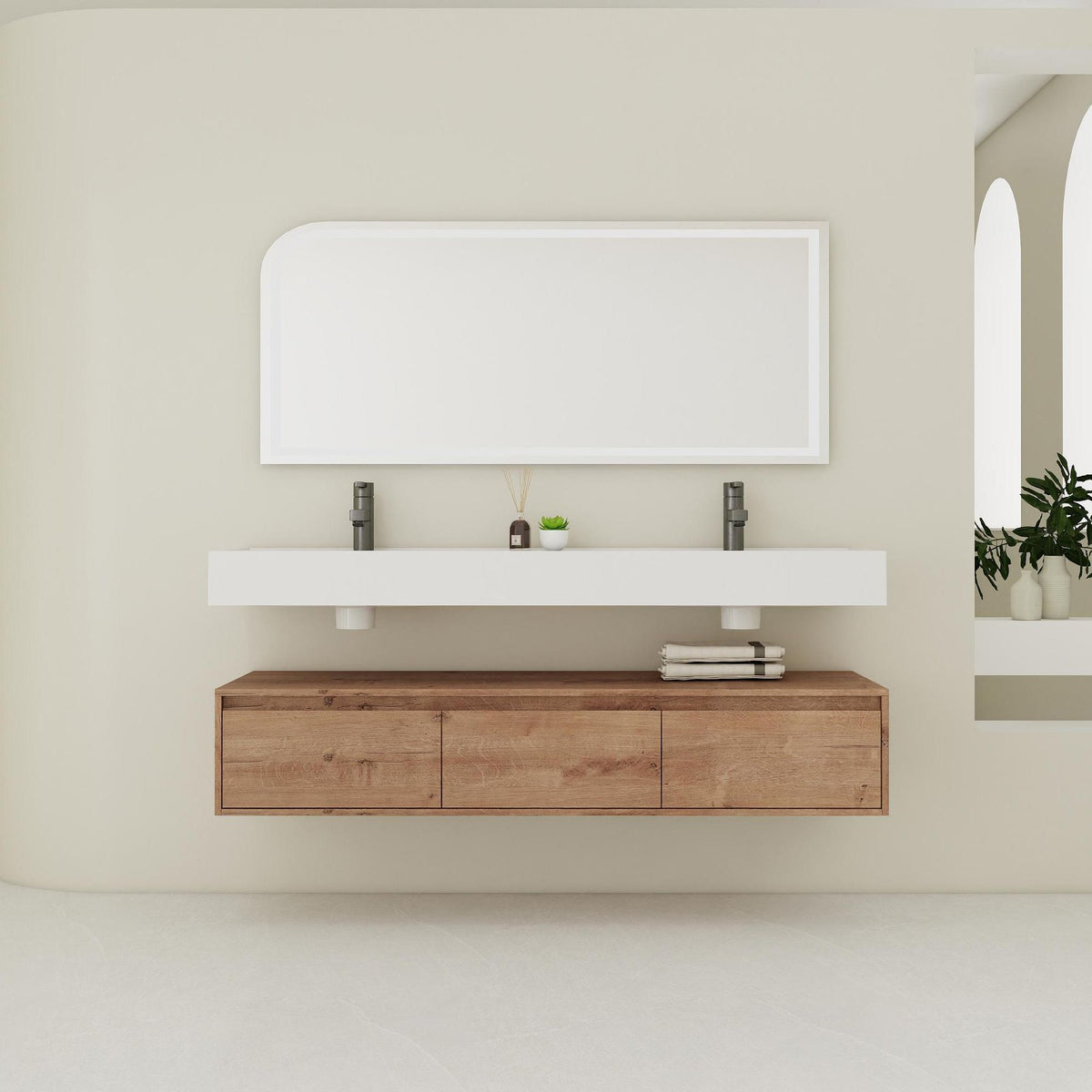 60- Wall-Mounted Bathroom Vanity with Double Resin Sink and Soft-Close Drawer