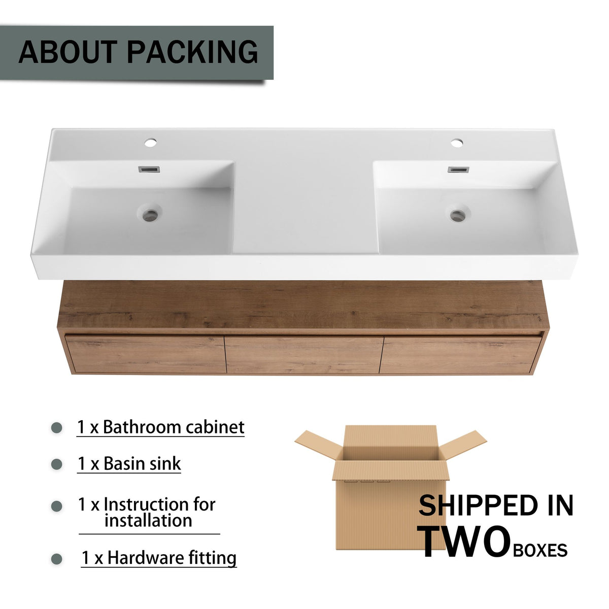 60- Wall-Mounted Bathroom Vanity with Double Resin Sink and Soft-Close Drawer