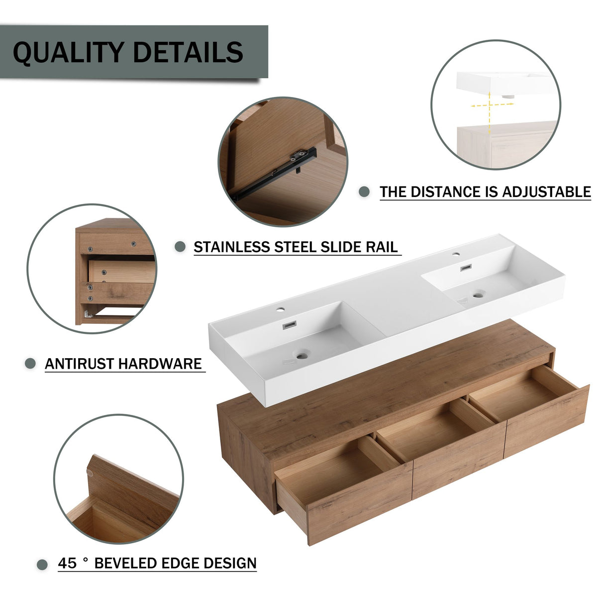 60- Wall-Mounted Bathroom Vanity with Double Resin Sink and Soft-Close Drawer