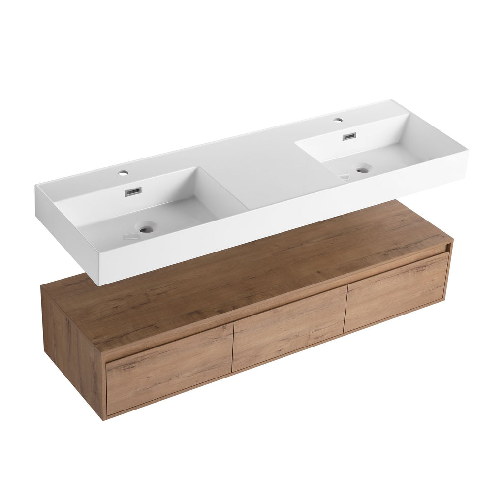 60- Wall-Mounted Bathroom Vanity with Double Resin Sink and Soft-Close Drawer