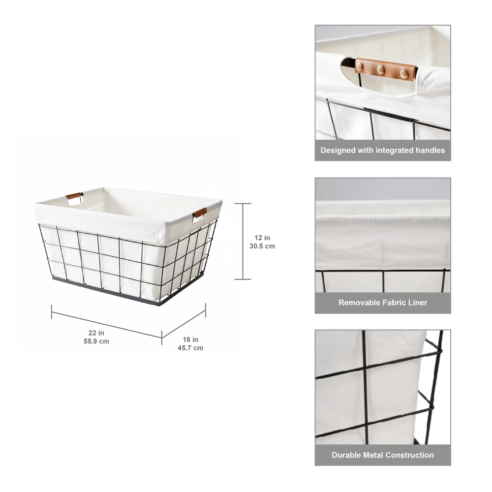 60L Rectangular Steel Laundry Basket – Black & Natural