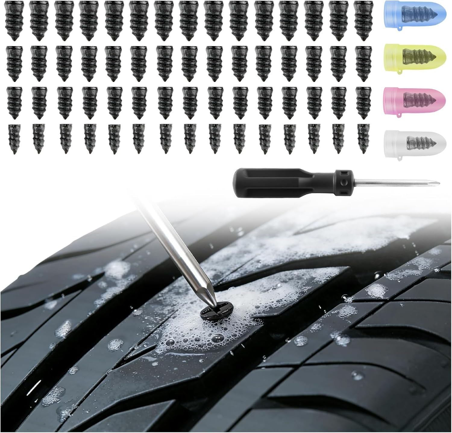 60-Piece Screw-Type Tire Plug Kit – Self-Service Tire Repair - 4 Size/60PCS