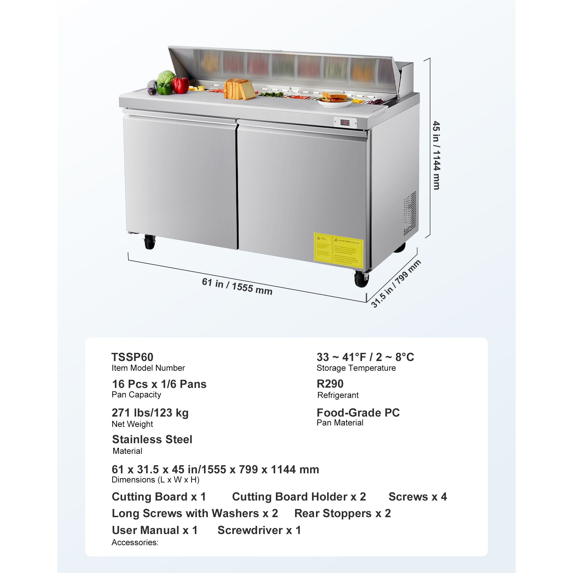 15.4 cu.. Commercial Sandwich Prep Table with 16 Pans and Cutting Board
