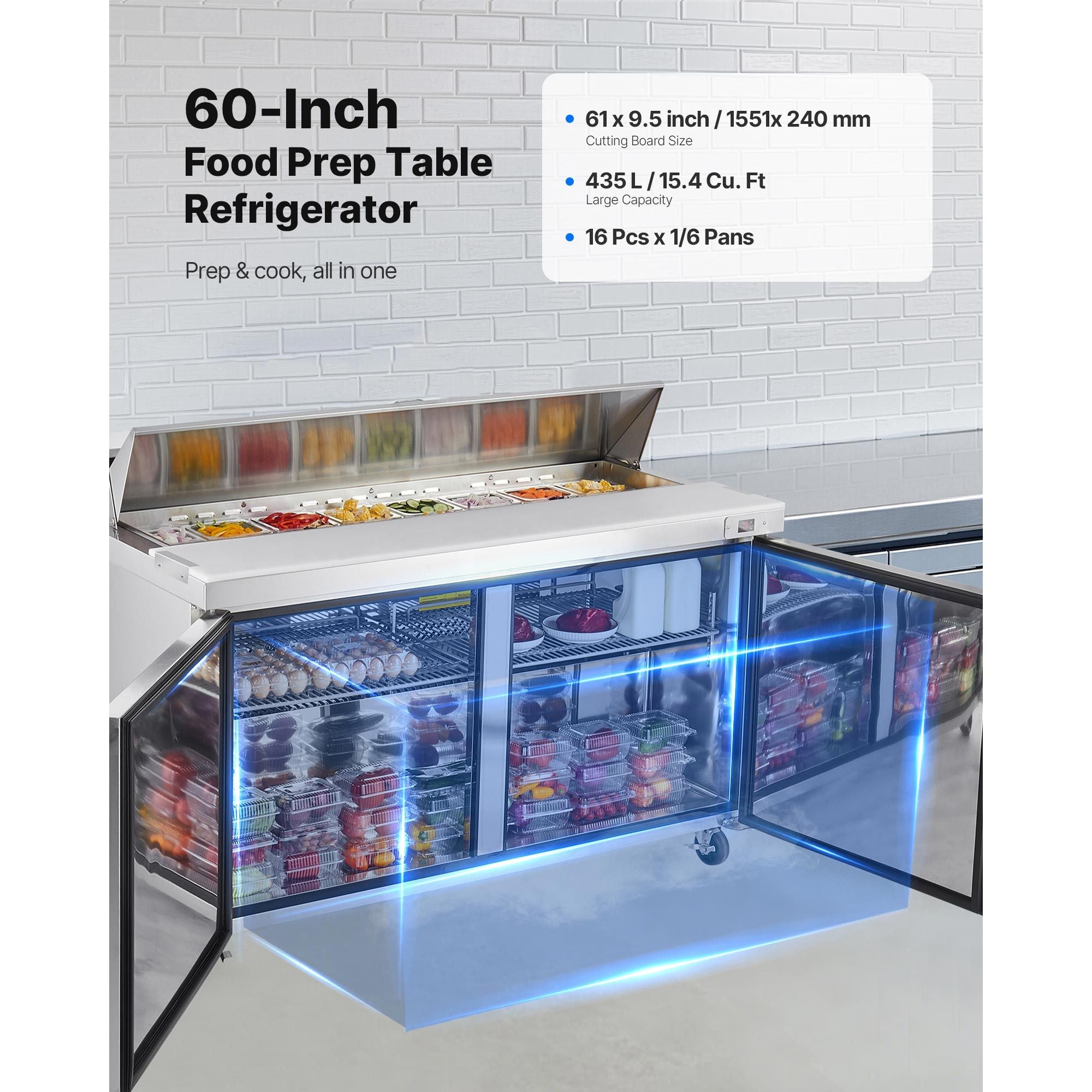 15.4 cu.. Commercial Sandwich Prep Table with 16 Pans and Cutting Board