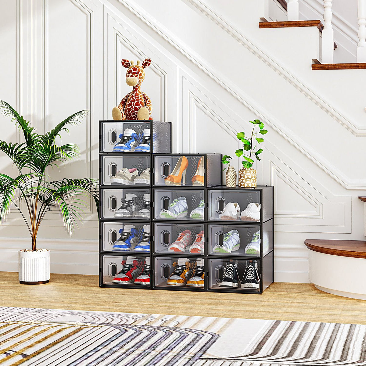 Stackable Shoe Storage Boxes with Clear Doors – Space-Saving and Dustproof - 12PCS