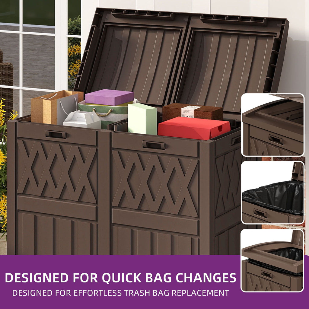 62 Gallon Dual Compartment Outdoor Garbage Bin, water-ready Resin Trash Can with Tiered Lid & Drip Tr