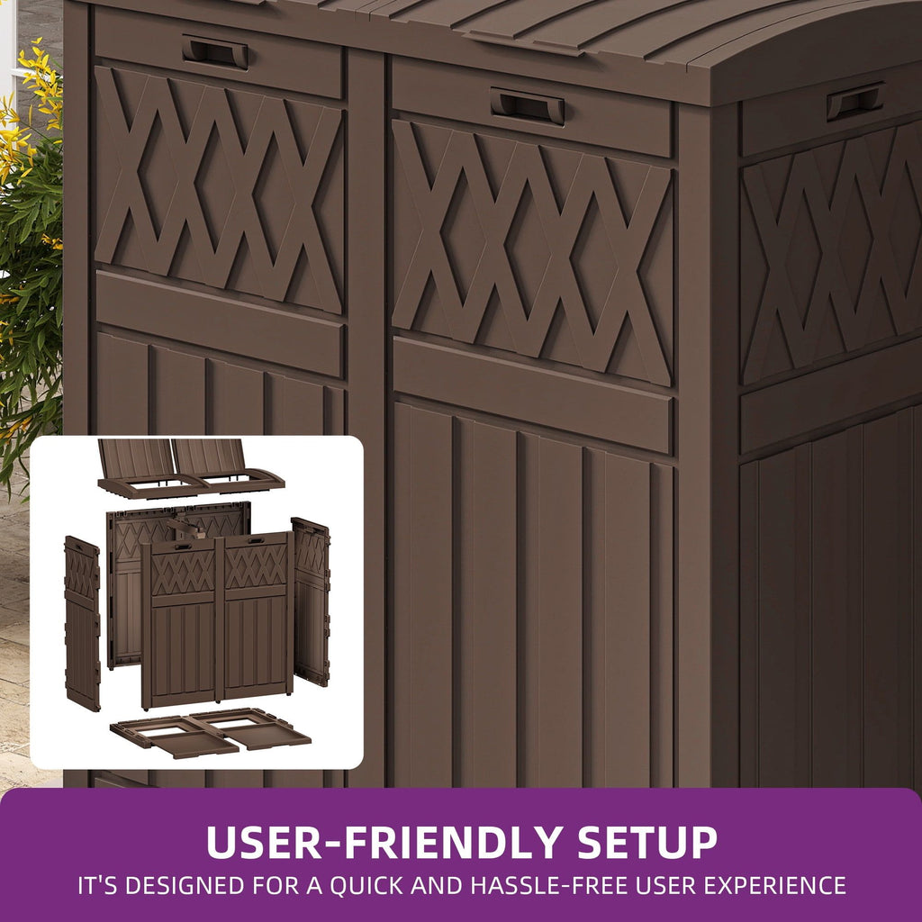 62 Gallon Dual Compartment Outdoor Garbage Bin, water-ready Resin Trash Can with Tiered Lid & Drip Tr