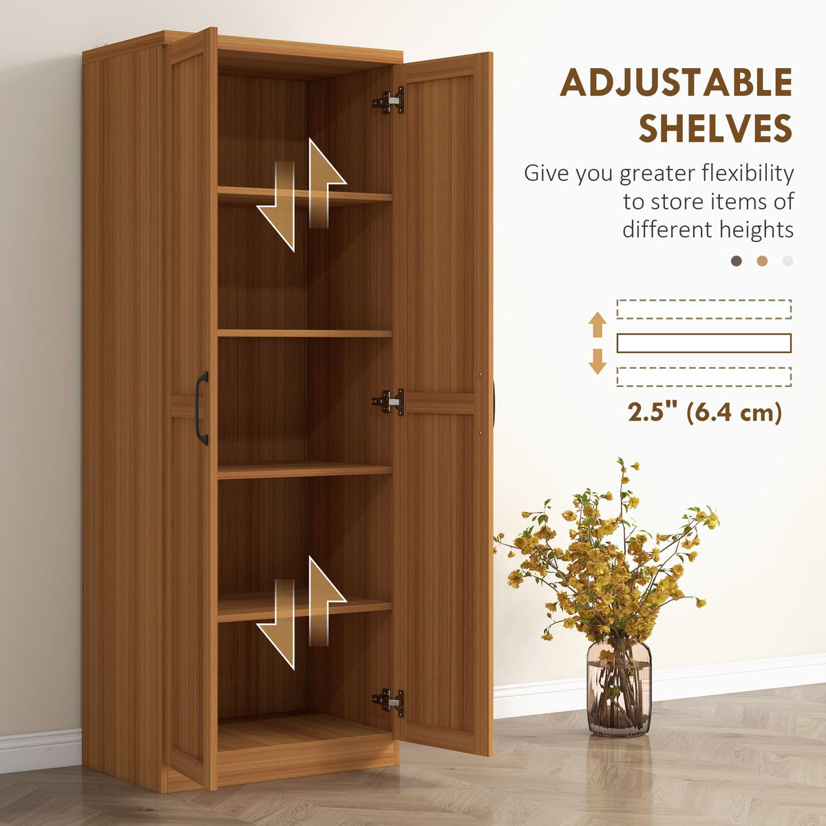 2-Door Kitchen Pantry Cabinet with Adjustable Shelves, Cinnamon Teak
