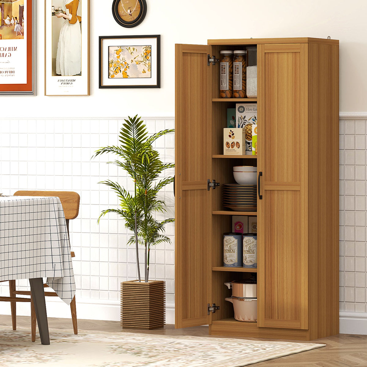 2-Door Kitchen Pantry Cabinet with Adjustable Shelves, Cinnamon Teak