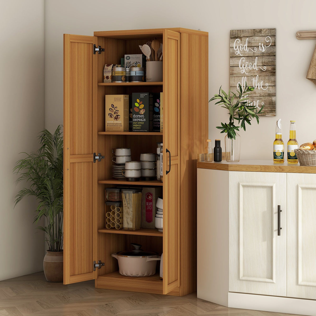 2-Door Kitchen Pantry Cabinet with Adjustable Shelves, Cinnamon Teak