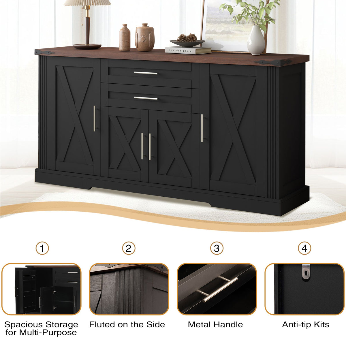 Farmhouse Barn Door Buffet and Coffee Bar Cabinet