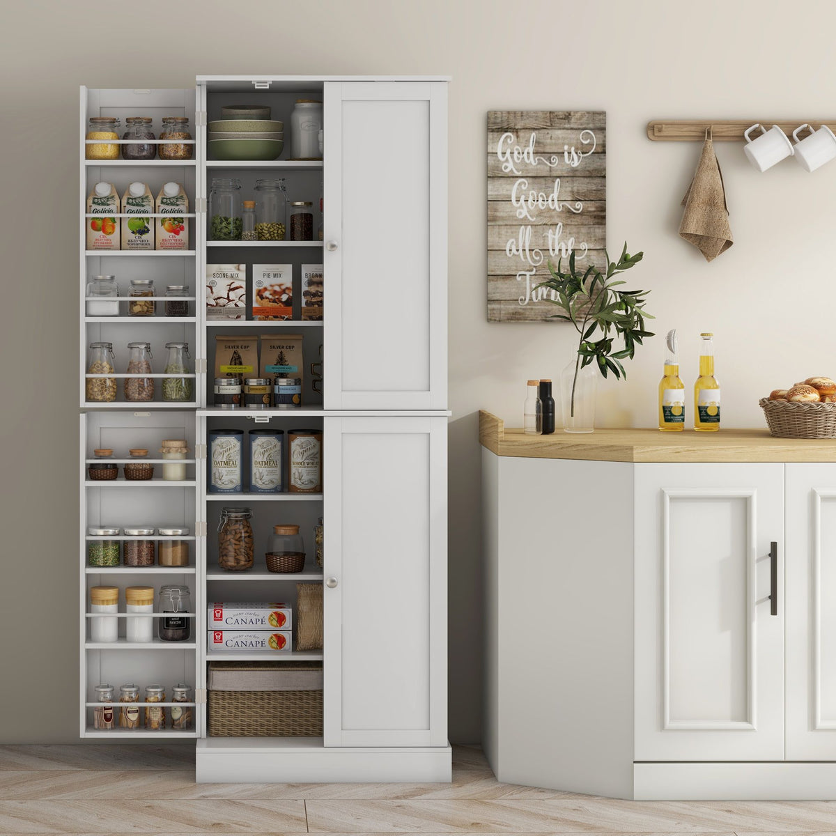 Kitchen Cabinet, Kitchen Pantry Cabinet with 4 Doors and 16 Door Shelves for Dining