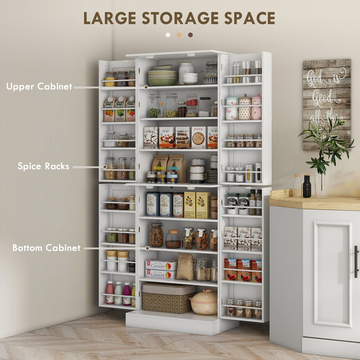 Kitchen Cabinet, Kitchen Pantry Cabinet with 4 Doors and 16 Door Shelves for Dining