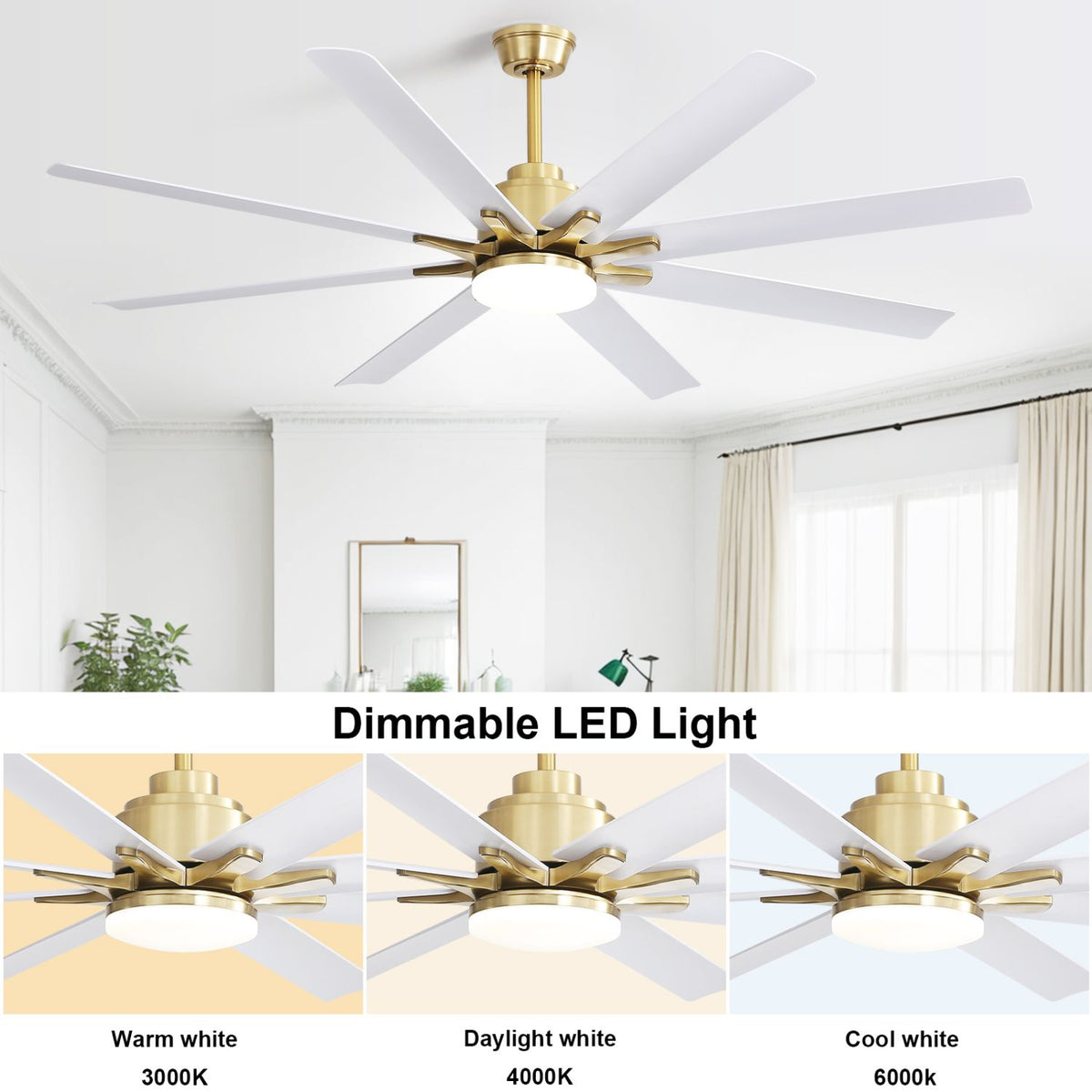 Smart Ceiling Fan with Dimmable LED Light and Reversible Airflow