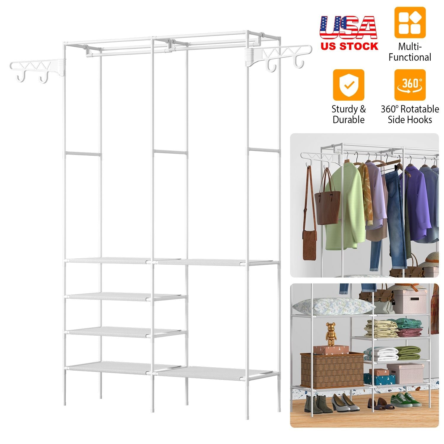 Freestanding Closet Organizer with Hanging Rods and Shelving