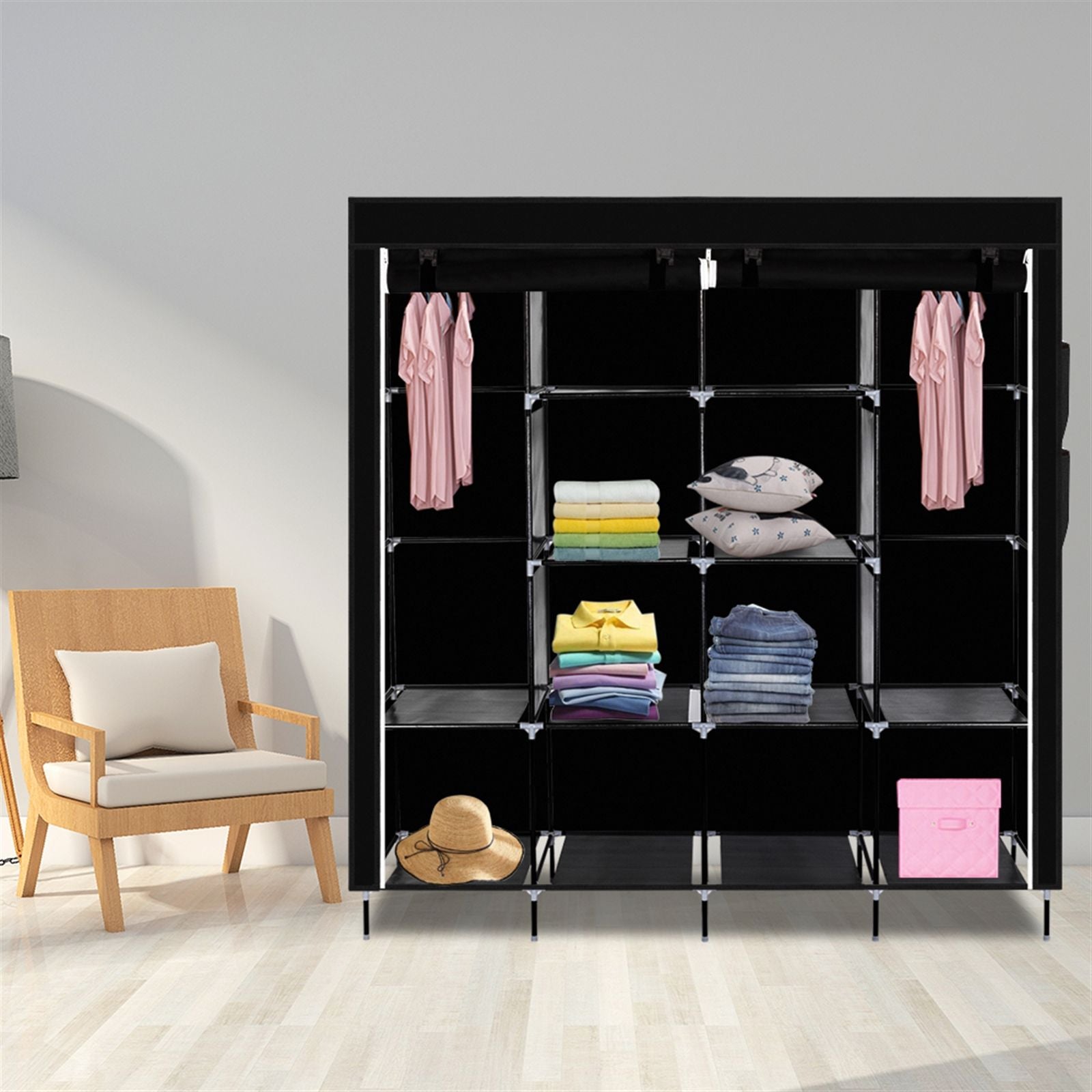 Portable Closet Wardrobe with Shelves and Hanging Rod