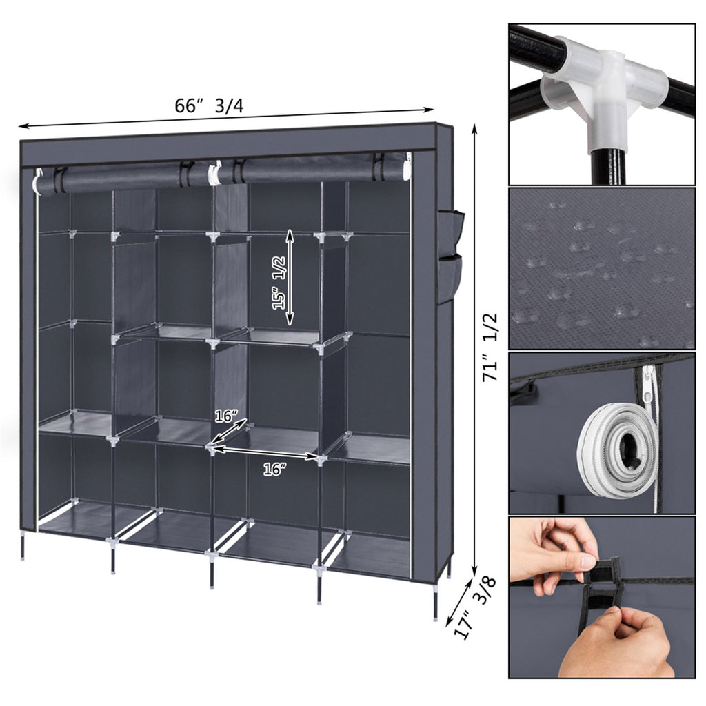 Portable Wardrobe Closet with 12 Shelves and Hanging Rod – Space-Saving Storage