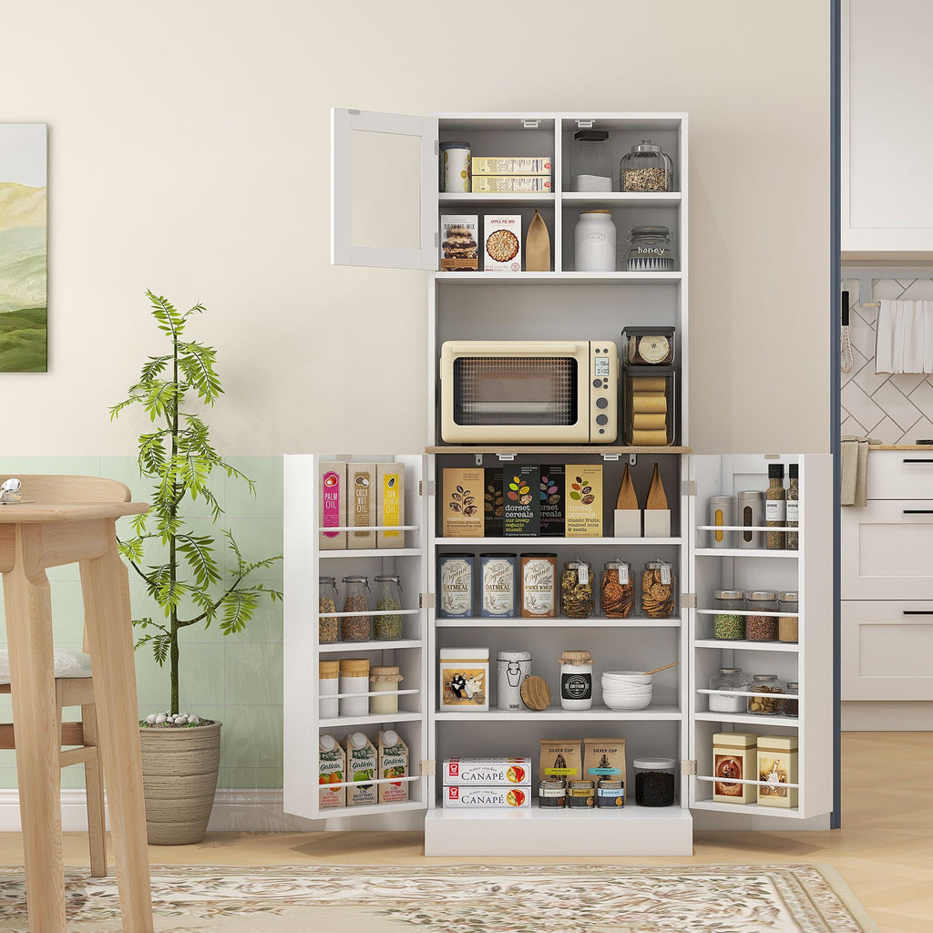 Freestanding Pantry, Kitchen Hutch Cabinet w/ Glass Doors & Adjustable Shelves